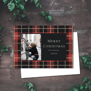 Christmas Photo Holiday Red Plaid Flat Card
