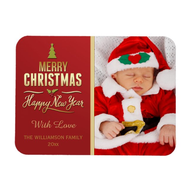 Christmas Photo Holiday Typography Red Gold Magnet (Horizontal)