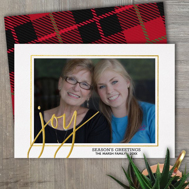 Christmas Photo Horizontal Script Gold JOY plaid Foil Holiday Card (Creator Uploaded)