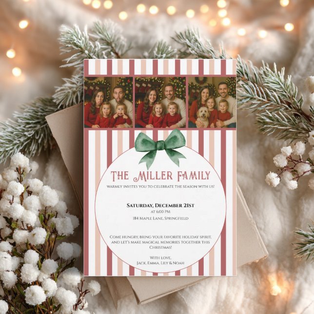 Christmas Photo Invitation • Red Striped Holiday (Christmas photo invitation with red stripes and green bow)