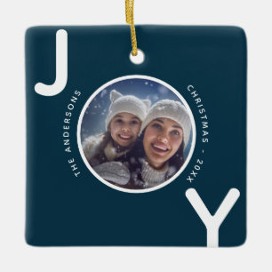Christmas photo joy blue white minimalist modern ceramic ornament
