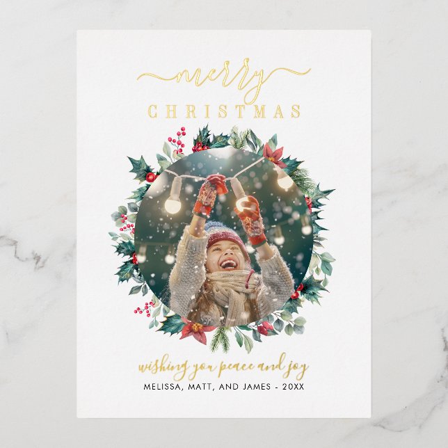 Christmas Photo Mistletoe Berries Modern Gold Foil Holiday Postcard (Front)