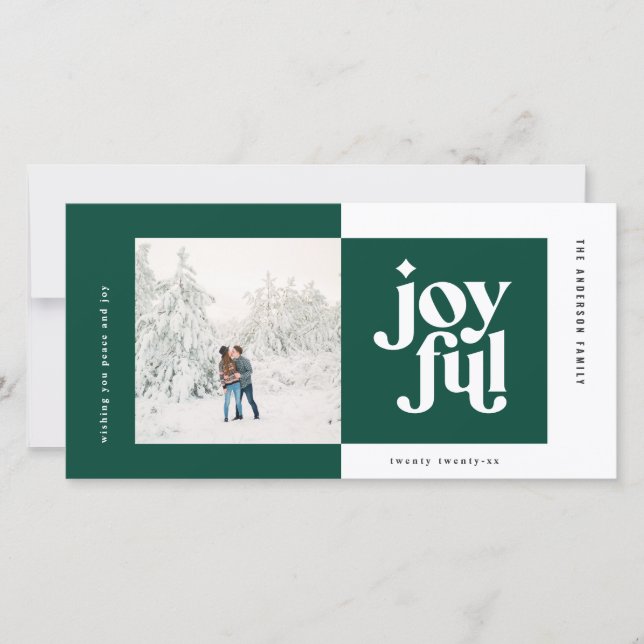 Christmas photo modern joyful typography green holiday card (Front)