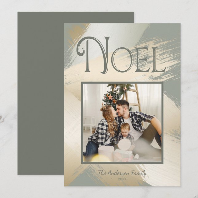 Christmas Photo Modern Noel Gold Brush Strokes Invitation (Front/Back)