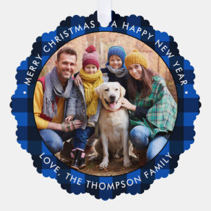 Christmas Photo Modern Round Blue Buffalo Plaid Ornament Card