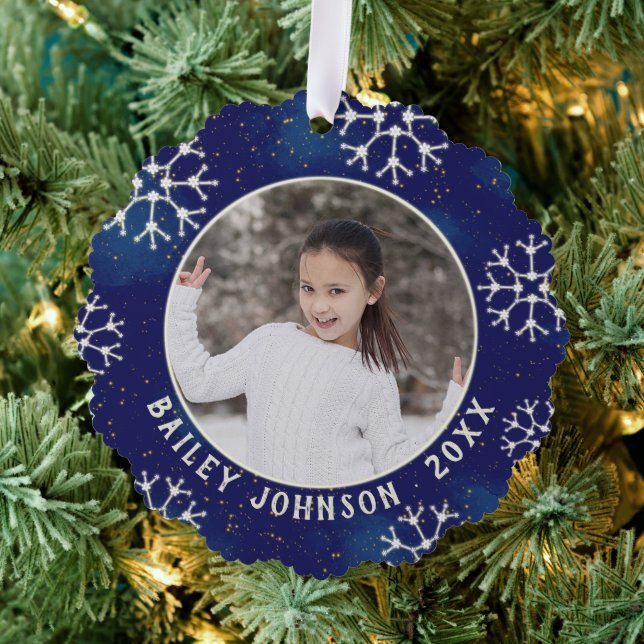Christmas Photo Monogram Constellation Pattern Ornament Card (Insitu (Tree))