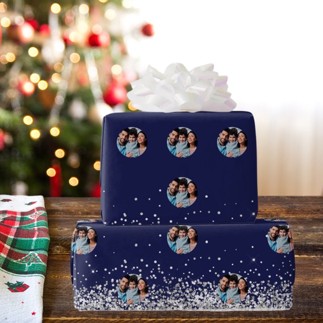 Christmas photo navy blue silver confetti wrapping paper (Creator Uploaded)