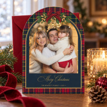 Christmas Photo Navy Tartan Red Bow