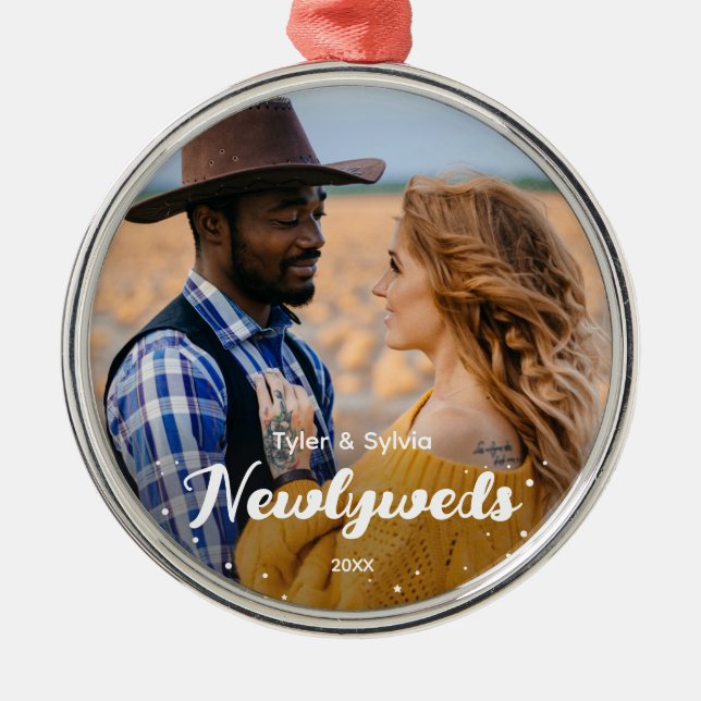Christmas Photo Newlyweds Metal Ornament (Front)