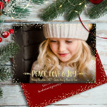 Christmas Photo Peace Love Joy Script Real Gold Foil Holiday Card<br><div class="desc">“Peace, love & joy.” A playful visual of real gold foil whimsical, handwritten typography and confetti dots against your personalized photo, helps you usher in Christmas and New Year. Feel the warmth and joy of the holiday season whenever you send this stylish and modern personalized, custom greeting card. Using the...</div>