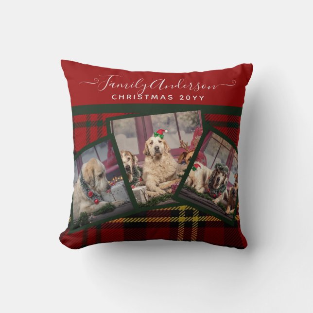 CHRISTMAS PHOTO PILLOW - Red Tartan Collage (Front)