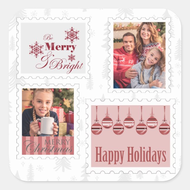 Christmas Photo Postage Stamps Red Grey Square Sticker (Front)