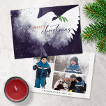 Christmas Photo Purple Dove Holiday Card<br><div class="desc">These 7" x 5" flat Christmas greeting cards feature an abstract dove in shades of purple. "Merry Christmas" in burnt orange and deep purple along with a green olive branch. Customize with your family name and year. The back has three photos,  one portrait,  two landscape.</div>