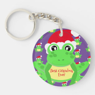 Christmas Photo Purple Frog Santa Hat Pattern Keychain