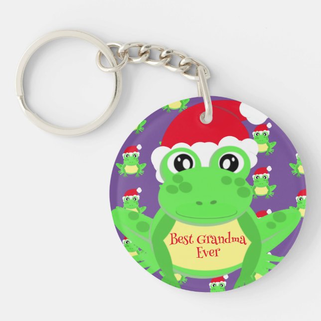 Christmas Photo Purple Frog Santa Hat Pattern Keychain (Front)