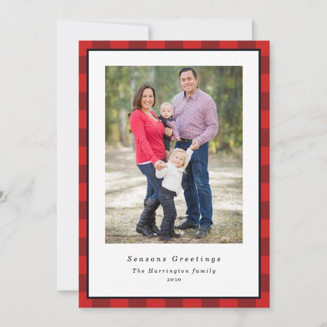 Christmas Photo Red Black Plaid  Holiday Card (Front)