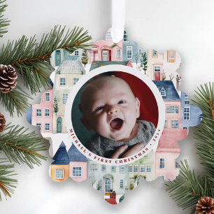 Christmas Photo Red Festive Houses Holiday Ornament Card