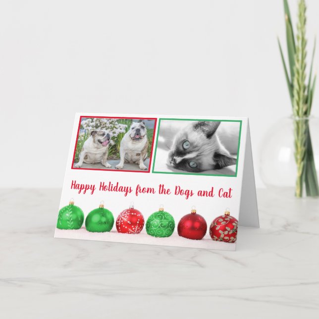 Christmas Photo Red & Green Balls Modern Holiday Card (Front)