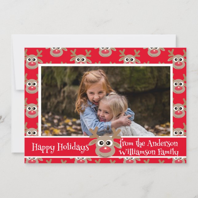 Christmas Photo Red White Cute Reindeer Pattern Holiday Card (Front)