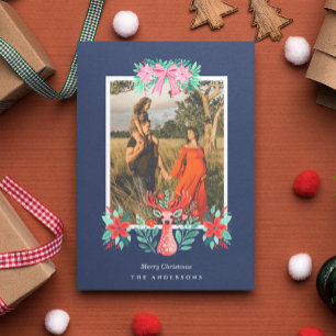 Christmas Photo Reindeer Floral Blue Holiday Card