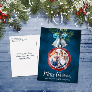 Christmas Photo Silver Bells Navy Blue Foil Holiday Postcard
