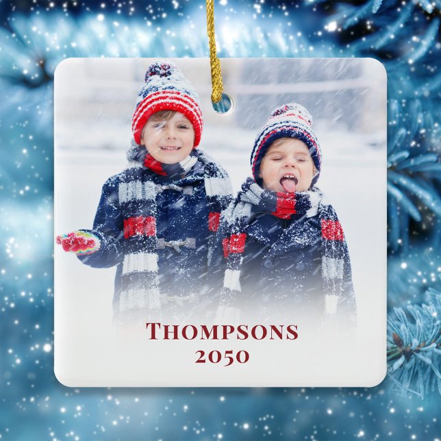 Christmas Photo Simple Red Snowflake Pattern Cute Ceramic Ornament (Christmas photo ornament with a full bleed photo template with red block style editable lettering. )