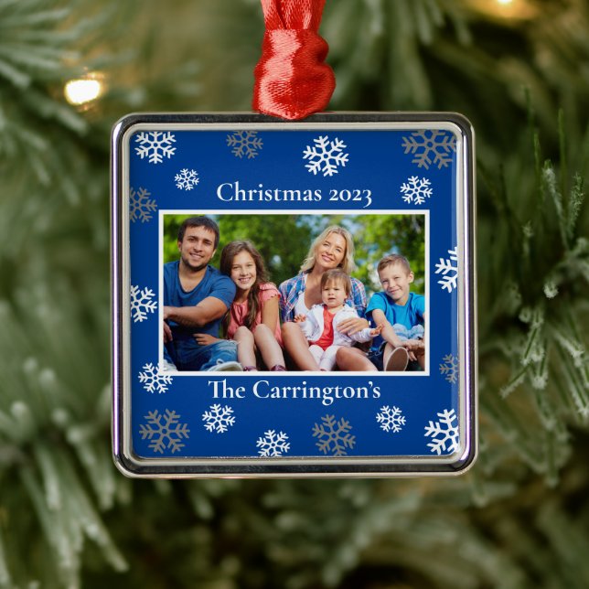 Christmas Photo Snowflakes Name Date Blue Metal Or Metal Ornament (Tree)