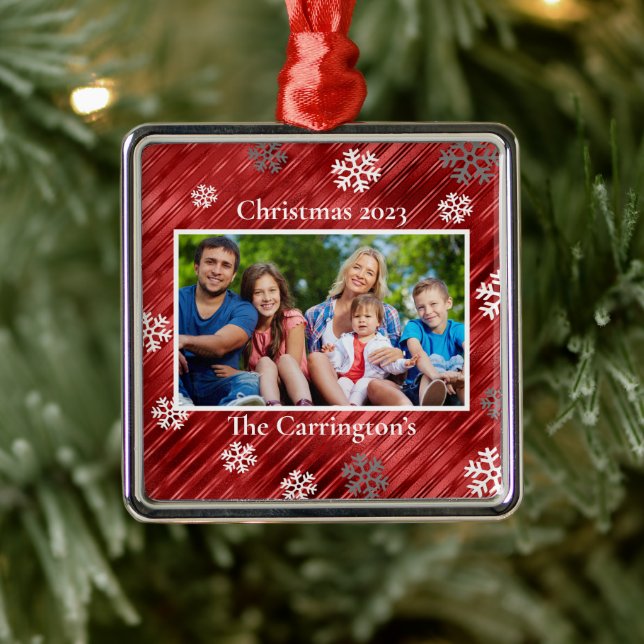 Christmas Photo Snowflakes Red Metallic Metal Orna Metal Ornament (Tree)