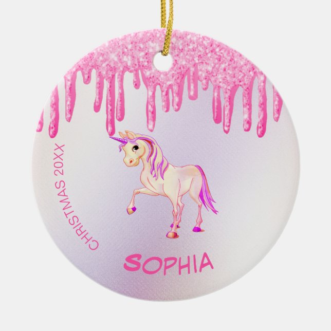Christmas Photo Unicorn Pink Glitter Girly Ceramic Ornament (Front)