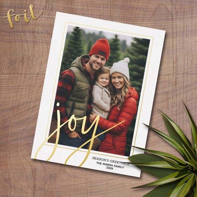 Christmas Photo Vertical - Script Gold JOY Plaid Foil Holiday Card (Foil Christmas Greeting Card with Photo)