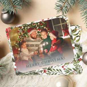 Christmas Photo Watercolor Floral Holiday Card