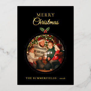 Christmas Photo Watercolor Foliage Foil Holiday Card
