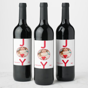 Christmas photo white red joy modern minimalist wine label