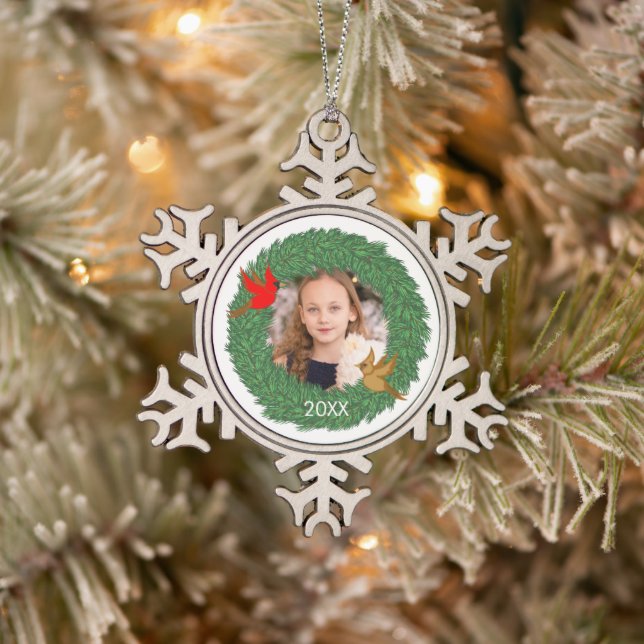 Christmas Photo with Cardinals in Evergreen Wreath Snowflake Pewter Christmas Ornament (Tree)