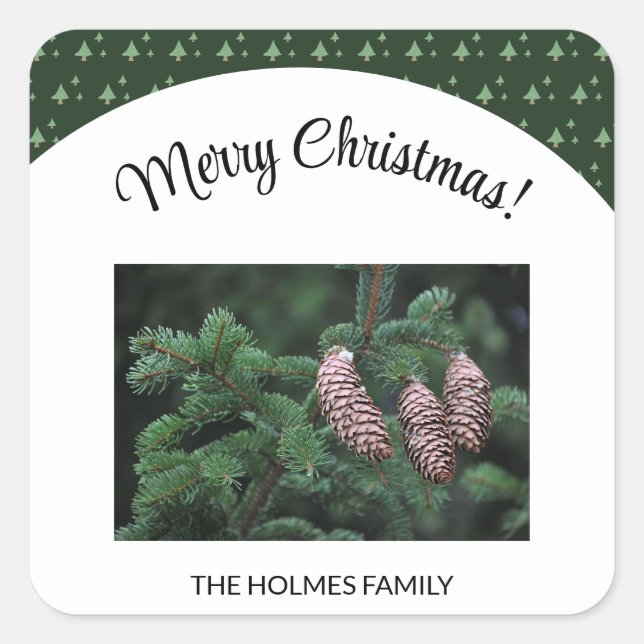 Christmas Photo With Illustrated Tree Pattern Square Sticker (Front)