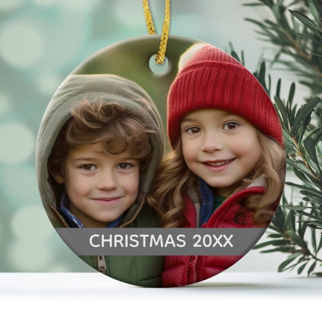 Christmas Photo Year Modern Minimal Grey Stripe Ceramic Ornament (A minimal and modern photo ornament with a place to add the year)