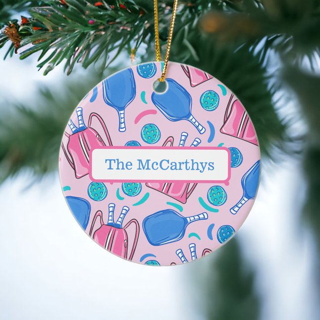 Christmas Pickleball Pink Preppy Personalized Ceramic Ornament (Creator Uploaded)