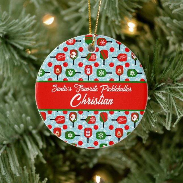 Christmas Pickleball Red Green Blue Snowflakes Ceramic Ornament (Tree)