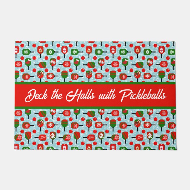 Christmas Pickleball Red Green Blue Snowflakes Doormat (Front)
