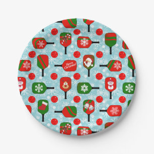Christmas Pickleball Red Green Blue Snowflakes Paper Plate