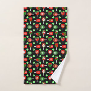 Christmas Pickleball Red Green Paddles Balls Black Hand Towel