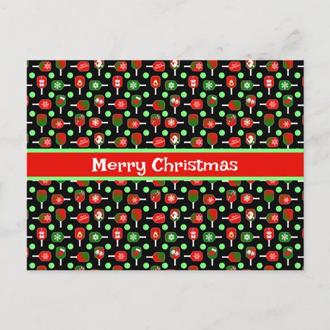 Christmas Pickleball Red Green Paddles Balls Black Postcard (Front)