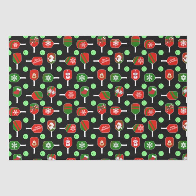 Christmas Pickleball Red Green Paddles Balls Black Tissue Paper (Front)