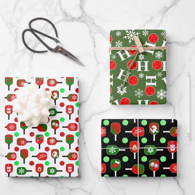 Christmas Pickleball Red Green Paddles Balls Ho Ho Wrapping Paper Sheet (Front)