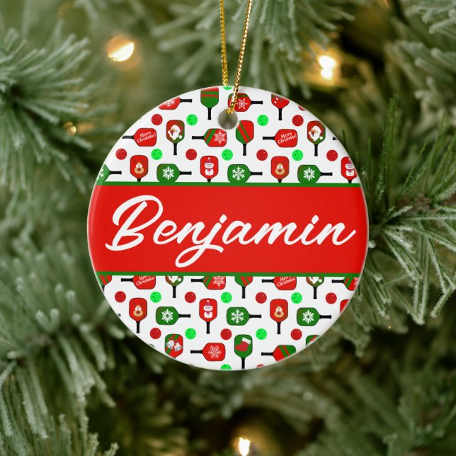 Christmas Pickleball Red Green Paddles Balls X-Mas Ceramic Ornament (Tree)