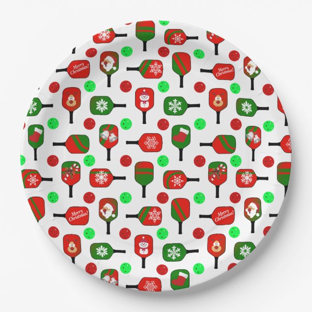 Christmas Pickleball Red Green Paddles Balls X-Mas Paper Plate (Front)