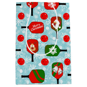 Christmas Pickleball Red Green Snowflakes Blue Medium Gift Bag