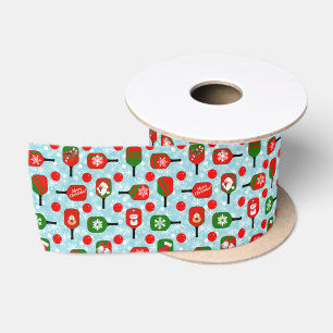 Christmas Pickleball Red Green Snowflakes Blue Satin Ribbon