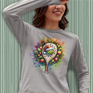 Christmas Pickleball Santa Hat Pine Holly Leaves T-Shirt