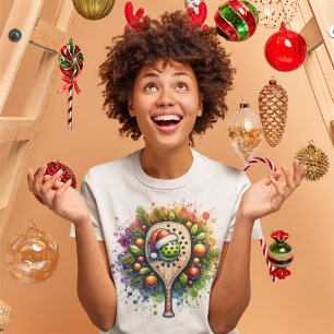 Christmas Pickleball Santa Hat Pine Holly Leaves T-Shirt